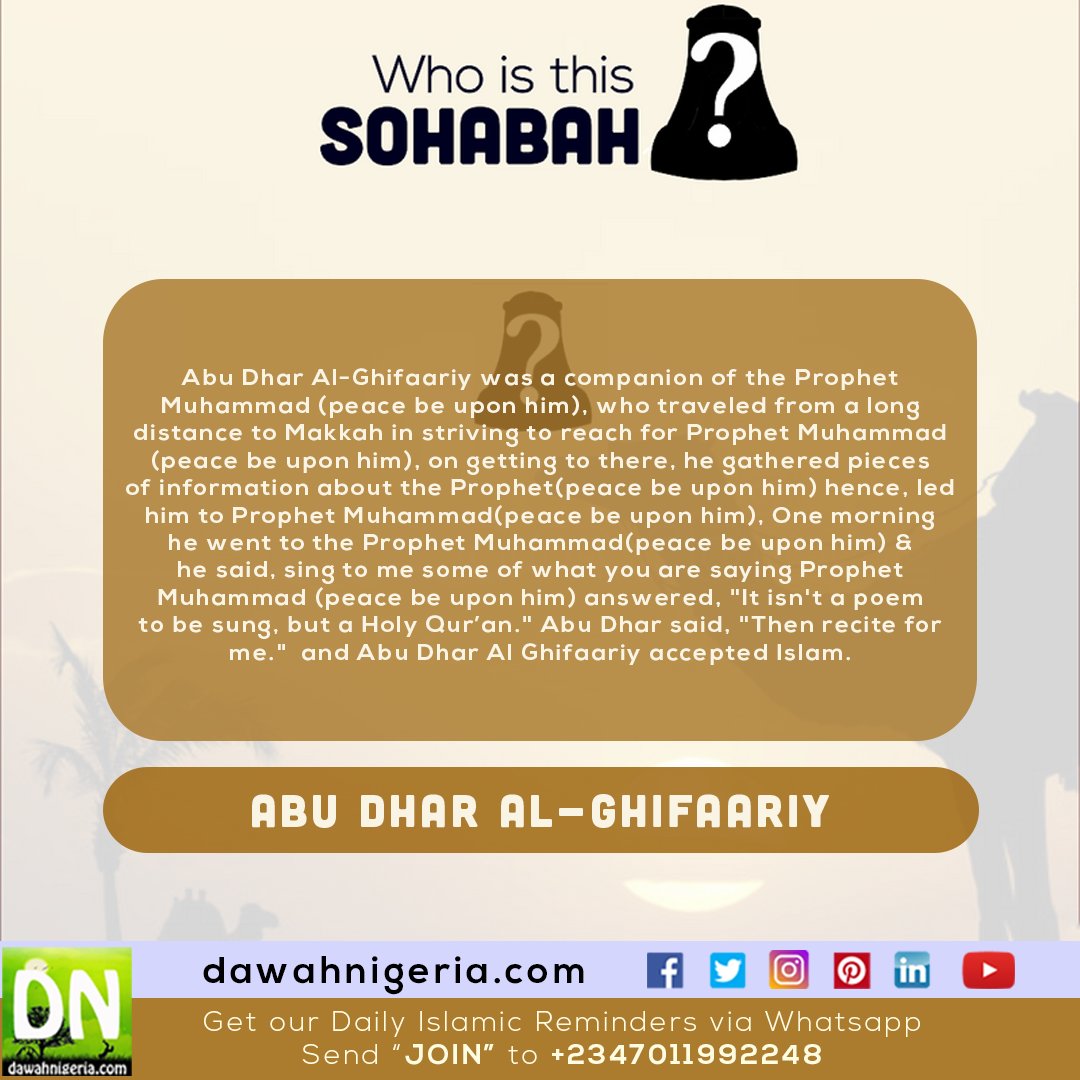 dawahnigeria's tweet photo. ABU DHAR AL-GHIFAARIY
Abu Dhar Al-Ghifaariy was a companion of the Prophet Muhammad(peace be upon him), who traveled from a long distance to Makkah in striving to reach for Prophet Muhammad(peace be upon him), on getting...
#DNWITS #COVID_19 #ABUDHARALGHIFAARIY #ProphetCompanions https://t.co/S2W9aAKYje