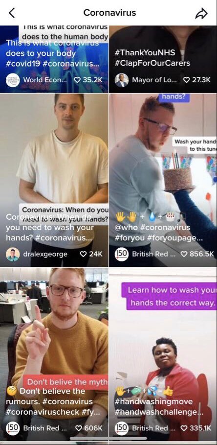 Update: TikTok.TikToks that have “coronavirus” or “COVID19” as a tag feature a banner at the bottom linking to a coronavirus information page featuring TikToks from  @MayorofLondon,  @BritishRedCross and others.(h/t  @LaurenLCollier for sending these over).