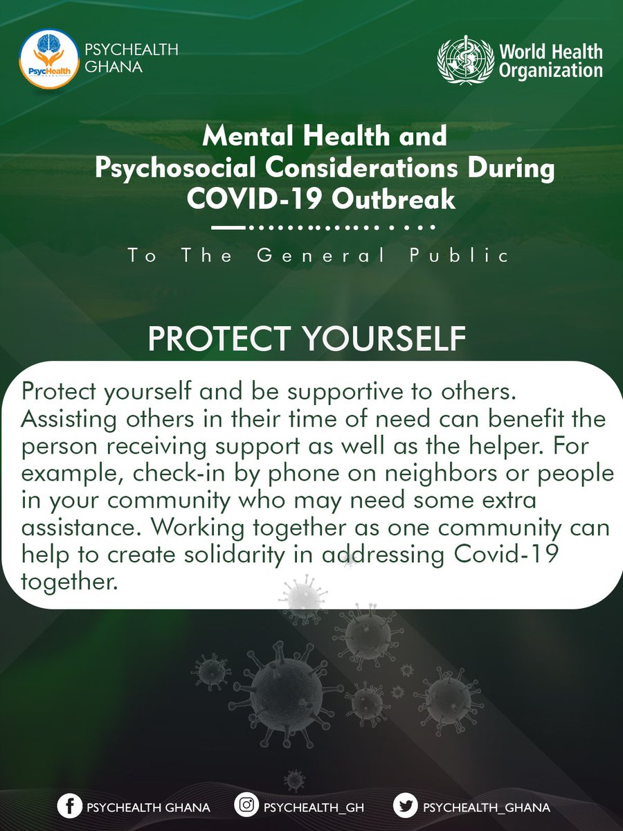psychealthghana's tweet photo. Protect yourself and be supportive to others..

#Covid19 #Coronavirus
#MentalHealth #MyMindMyHealth https://t.co/x55KC0lidw