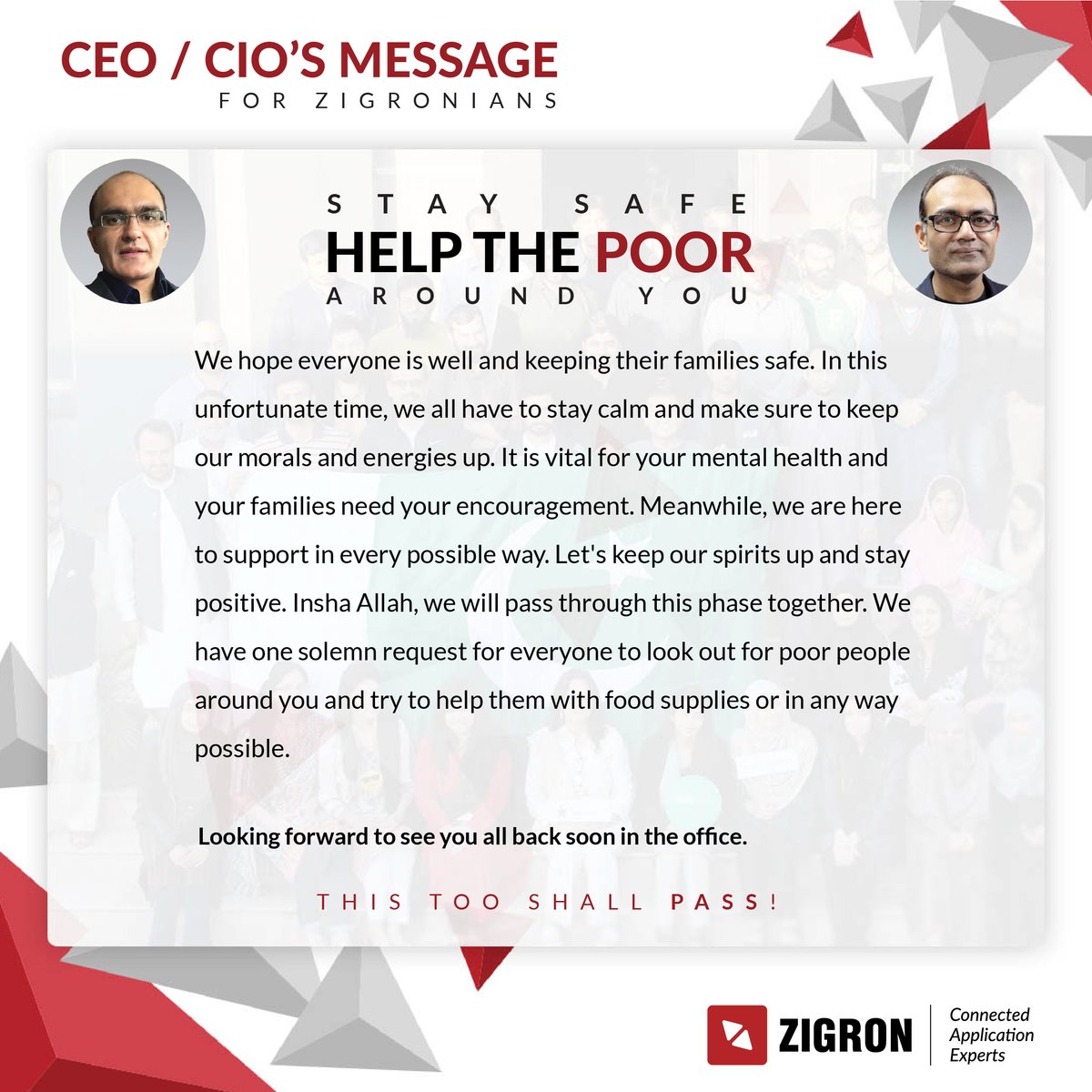 ZigronInc_'s tweet photo. In this adverse time, we are always here to support our teammates who are a part of the Zigron family.
A highly positive message from our CEO and CIO for all the Zigronians.
#spreadpositivity #helppoor #workfromhome #covid19 #globalcrisis #coronavirus #zigron https://t.co/JdoEK0QHMn