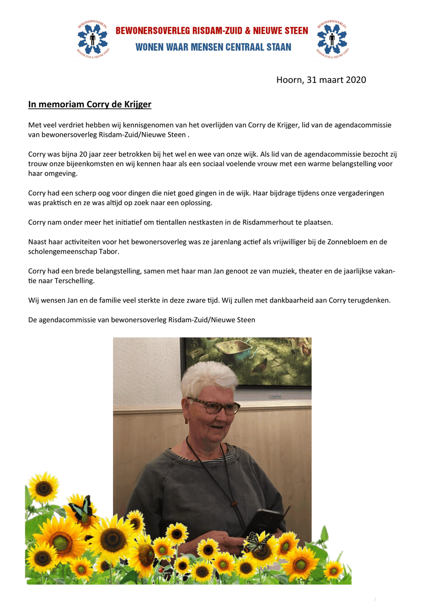 Met veel verdriet hebben wij kennisgenomen van het overlijden van Corry de Krijger, lid van de agendacommissie van bewonersoverleg Risdam-Zuid/Nieuwe Steen .

Corry was bijna 20 jaar zeer betrokken bij het wel en wee van onze wijk. ons-risdam.nl/rzns/in-memori…