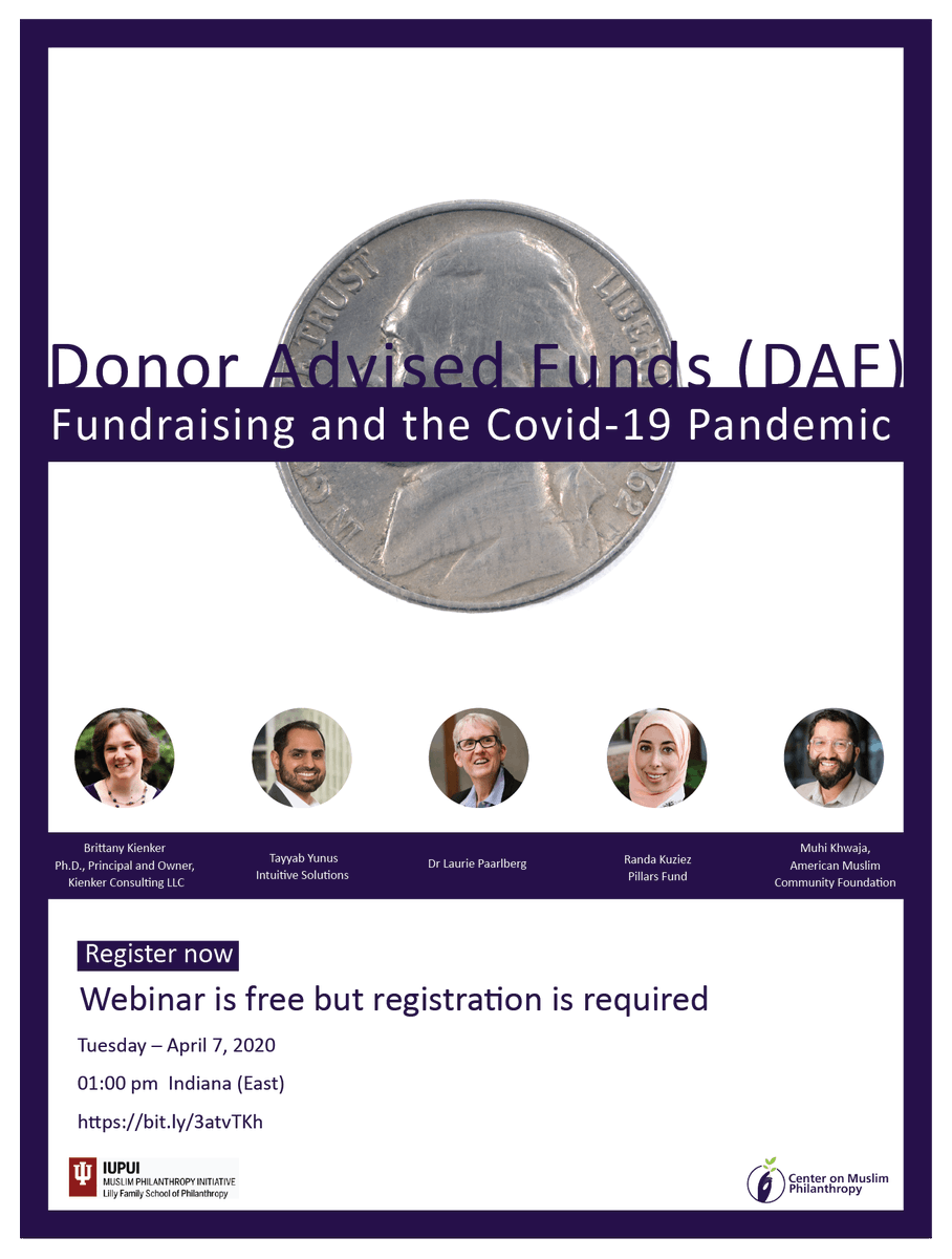 Donor Advised Funds (DAF), Fundraising and the Coronavirus Pandemic
April 07 | 1:00 P.M. EST

Registration Link: bit.ly/2xHKZ09

This webinar will include experts and practitioners that will help us understand DAF and how to include them within your fundraising plan.
