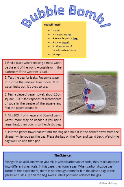 MoorePrimary's tweet photo. BUBBLE BOMB!

Have a go at making this fun and safe bubble bomb that will explode with a loud pop! 

You could take a slow motion video of it popping or pictures of before and after. 

Can you explain what is happening? 

#homeschooling #homelearning #ScienceFromHome #teacher https://t.co/icqOqRyDYr