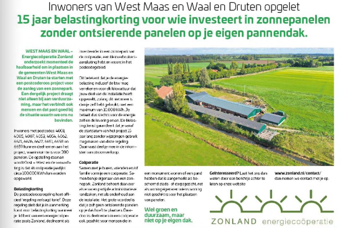 zonland1's tweet photo. Vandaag starten we in de Maas &amp; Waler https://t.co/hkmSHeehaY met het informeren van de inwoners van Wamel en omgeving over het #zonnedak dat we samen gaan realiseren. #duurzaam #solarenergy #postcoderoos #zonnepanelen #energiecooperatie https://t.co/2NqIy14d0X