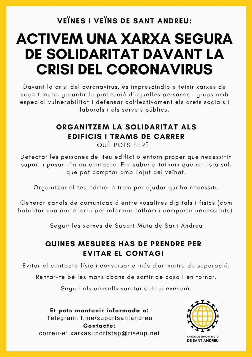 XarxaSuportSTA's tweet photo. 📢Veïnes i veïns de St. Andreu 👇
Activem una xarxa de suport mutu i solidaritat davant la crisi del coronavirus, per:
➡️Protegir persones i grups amb especial vulnerabilitat.
➡️Defensar col·lectivament drets socials i laborals i serveis públics.
💪Suma't, entre totes fem xarxa! https://t.co/eZJDobRUjb