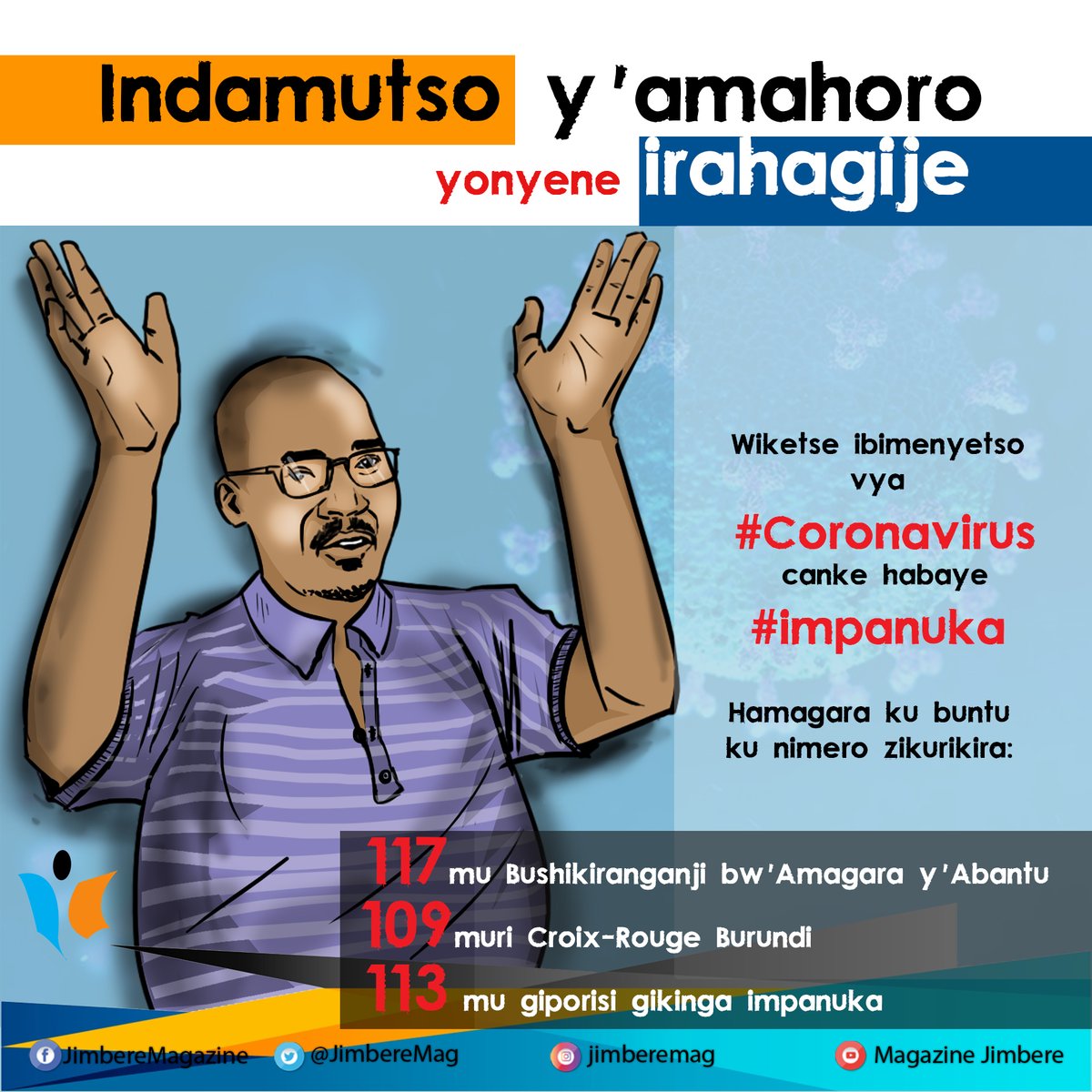  Prévention de la propagation du  #coronavirus au  #Burundi: apprenons à ne plus nous serrer (parfois longuement) la main En cas de soupçon de symptômes du  #COVIDー19, ne nous ruons pas à l’hôpital, pour éviter de contaminer d'autres sur le chemin. Appelons les numéros verts
