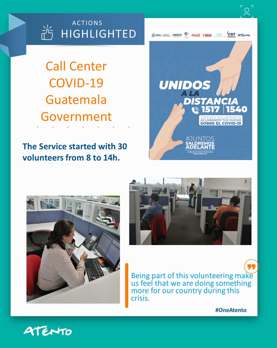 Since March 24th, from Atento Guatemala we are providing the physical and technological infrastructure and the logistic support for the government attention service about COVID-19. #WeAreEssential