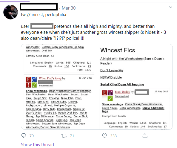 It's late but I'm livid, and I'm posting receipts now. I searched their victim's name and it's just constant accusations of stuff. Over spn fic.