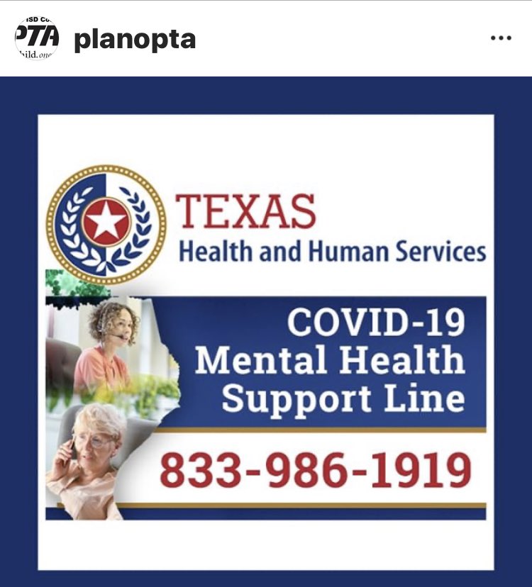 TheRobinsonPTA's tweet photo. Covid19 isolation can be challenging. Reach out to the #mentalhealth hotline if you need support β€οΈ#rmsrazorbacks @RobinsonRazorb1 #pisd https://t.co/7K0trYHg8U