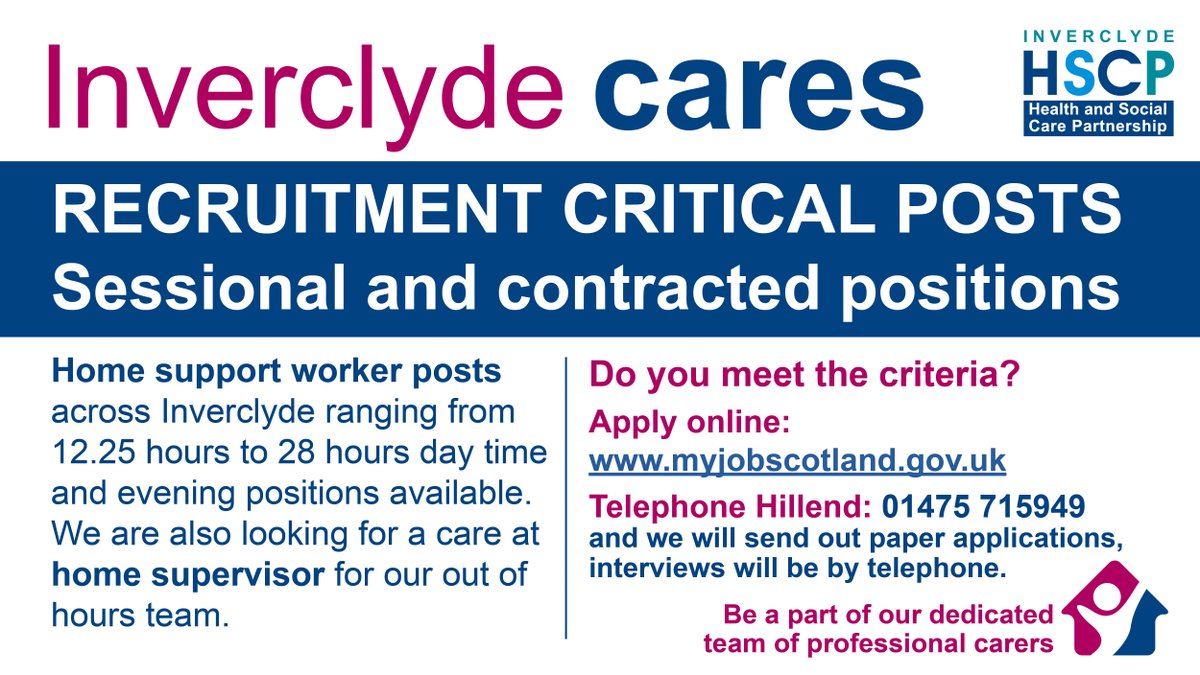inverclyde's tweet photo. We've launched an urgent recruitment drive for home care workers. Evening and daytime positions available. Contract hours range from 12.25 hours a week to 28 hours. The hourly rate is £10.04 - £10.33.  Apply online or call 01475 715949 for a paper form. https://t.co/ueGIFpta0R https://t.co/PzreSntFJL