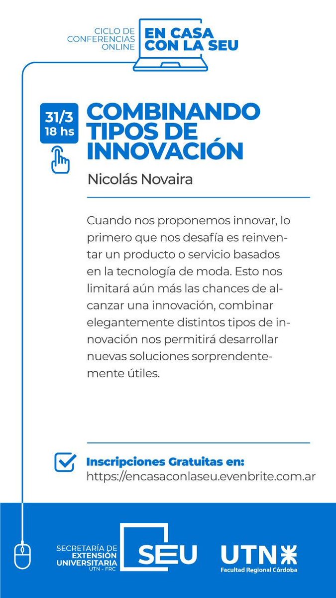 NicolasNovaira's tweet photo. 🗓️ 31/03 Combinando Tipos de Innovación > @NicolasNovaira > Ciclo de conferencias online > Secretaría de Extensión > Universidad Tecnológica Nacional - Facultad Regional #Córdoba
#Innovacion #Zoom #zoomification #TenTypesOfInnovation #TToI https://t.co/W3xY1nTP8e