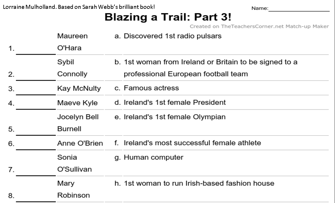 Irish History for kids (& big kids)! 3rd of my activities, based on  @sarahwebbishere &  @oneillustration's wonderful book, Blazing a Trail: Irish Women Who Changed the World! Can you match these  #EPICwomen to their description?!  #Herstory  #girlpower  #IrishHistory  #CreativeBursts