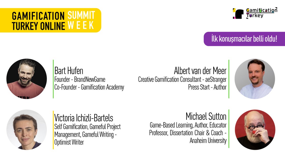 gamification_tr's tweet photo. Gamification Turkey Online Summit Week'in ilk konuşmacıları belli oldu! Diğer konuşmacılarımızı açıklamaya devam edeceğiz.
#Gamification #oyunlastirma #GTOSW https://t.co/syKAT1mUKg