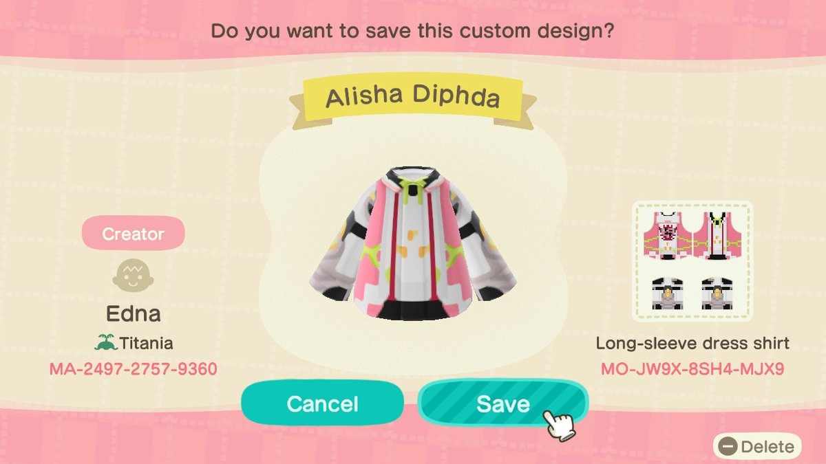 (1/?) A thread for all my Tales of Series designs for Animal Crossing: New HorizonsFirst design: Alisha Diphda from Tales of Zestiria! #TalesOf  #TalesOfZestiria  #AnimalCrossingDesigns  #AnimalCrossing    #ACNH  