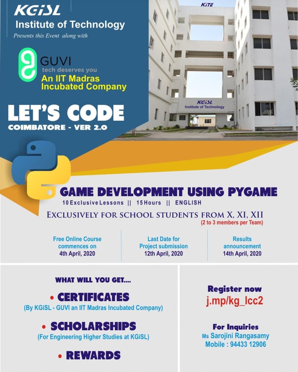 kgkitean's tweet photo. Let's code coimbatore.For school students from class X, XI, XII.For details contact Ms Sarojini Rangasamy at 9443312906 also get rewards&amp; schlorships #kg #kgkite #kgkitean #college #collegelifestyle #kgisl #kgislove #kgislcollege #kgislife #kgislkite #kgislcampus #kitekg #student https://t.co/AJ9MJqzXGW