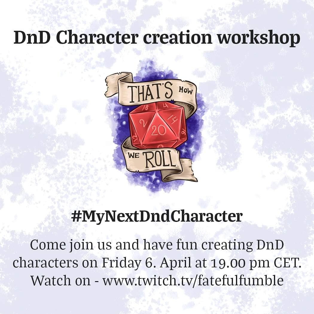 FatefulFumble's tweet photo. This Friday we are hosting a DnD character creation workshop live on our twitch channel -
https://t.co/5UegGdJwvZ
#mynextdndcharacter #dndworkshop #charactercreation #dndlivestream #dnd5e #characterworkshop https://t.co/PyuDGrXC3d