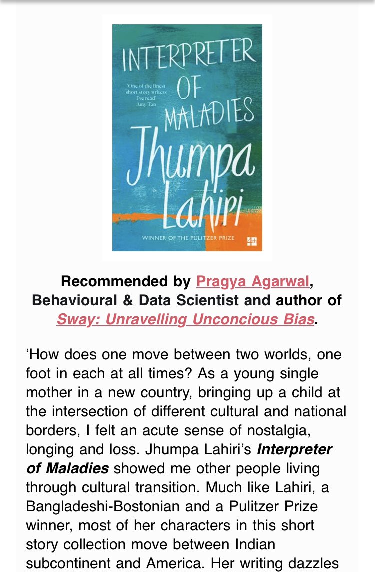 DrPragyaAgarwal's tweet photo. I did a short review of Jhumpa Lahiriโs short story collection for @elizabethmoya #CribNotes
Itโs a book that I keep coming back to since I first read it. Also the first book that I read which showed me an author like me, & stories of people like me with seemingly ordinary lives https://t.co/5kfMTo82OT