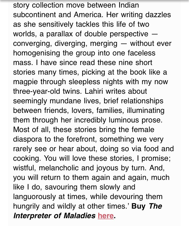 DrPragyaAgarwal's tweet photo. I did a short review of Jhumpa Lahiriโs short story collection for @elizabethmoya #CribNotes
Itโs a book that I keep coming back to since I first read it. Also the first book that I read which showed me an author like me, & stories of people like me with seemingly ordinary lives https://t.co/5kfMTo82OT