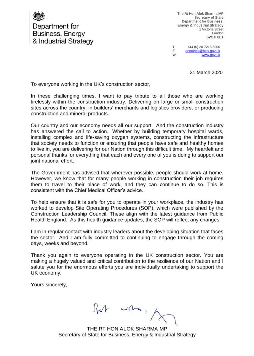 A well received letter distributed by the Secretary of State for business and indeed supporting our ongoing activities to construct over 400 beds nationally. All of our construction sites continue at pace and we are immensely proud that we are able to support the frontline NHS.