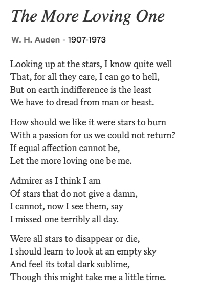 45 The More Loving One by W H Auden  #PandemicPoems  https://soundcloud.com/user-115260978/45-the-more-loving-one-by-w-h-auden