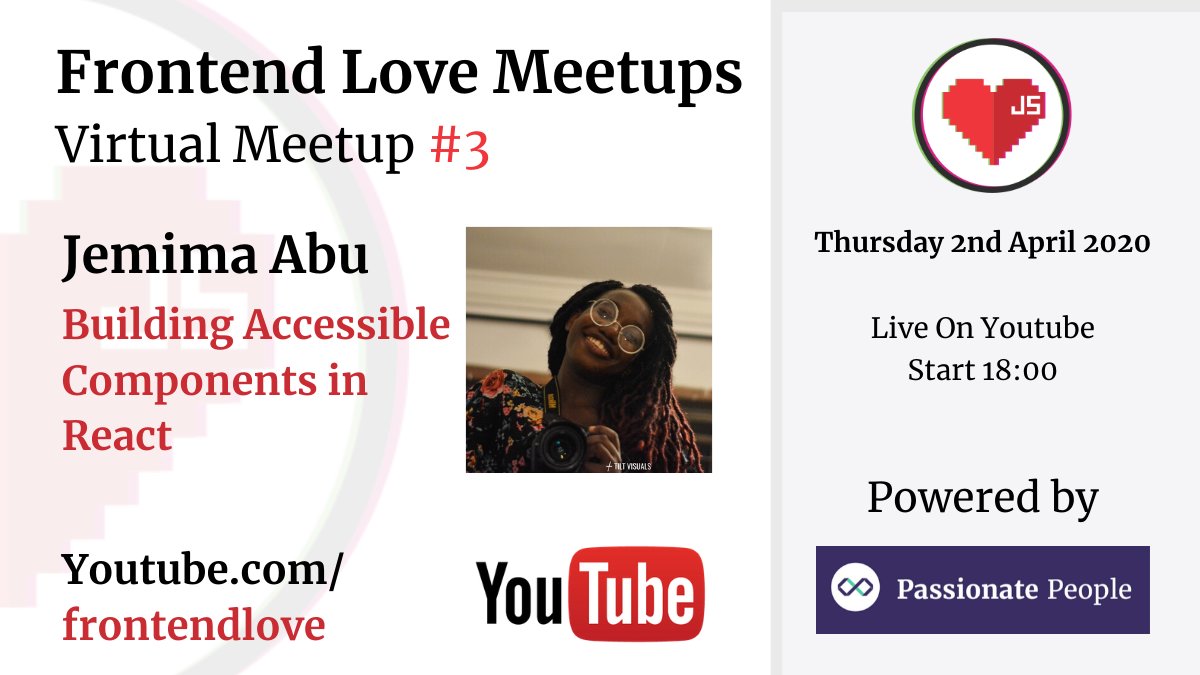 JSworldconf's tweet image. Frontend Love Virtual Meetup #3 🔥
Subscribe:
🔽youtube.com/watch?v=B8kd33…
📆 Thursday 2nd April 2020
⏰ 6PM CET
🎙 @Jemimaabu
🗣 Frontend Developer at @TeleSoftas
🎥 Building Accessible Components in #React
#frontenddeveloperlove #frontendlove #frontend #javascript