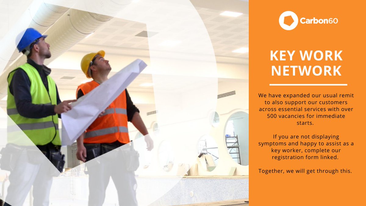 At Carbon60 we have expanded our usual remit to also support our customers across essential services. If you are not displaying symptoms of #COVID19 and are happy to assist as a key worker, complete our registration form by clicking this link: bit.ly/3bH8VzK