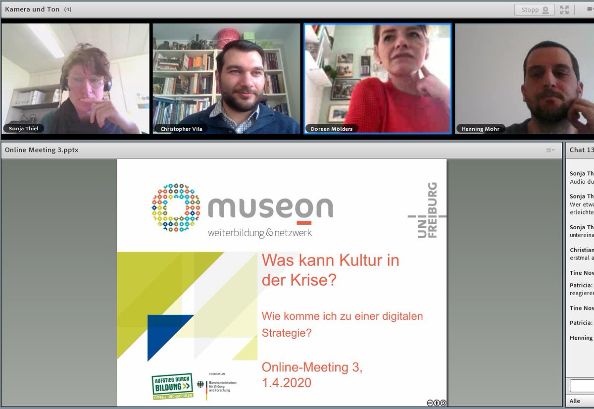 Jetzt live - <a href="/museonFR/">museon netzwerk</a> <a href="/Kupoge/">Kulturpolitische Gesellschaft e.V.</a> @DoreenMoelders <a href="/LWLMuseumArchae/">LWL-Museum für Archäologie und Kultur | Herne</a> @projektthiel #AgileKultur mit dem Thema #WaskannKulturinderKrise  - Fokusthema #DigitaleStrategie. 
-> webconf.vc.dfn.de/museon/ #Museum #digSmus #digkv #digAMus #AgileKultur