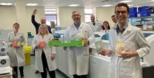 Huge thank you to John Lewis and Partners for donating so many lovely treats and essentials to the staff @RDEhospitals  to help get them through these uncertain times. As you can see, it certainly put a smile on the faces of our lab team! #nhs #nhsthankyou #laboratory #NHSheroes