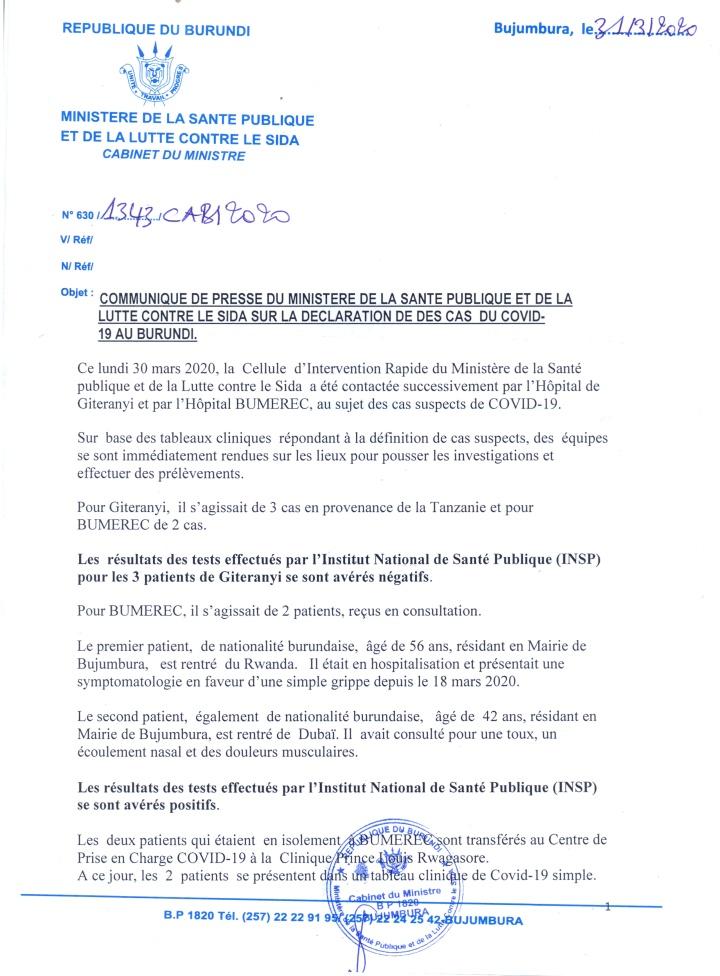  Les enquêtes sur qui a été en contact avec l'agent de la Mutuelle de la Fonction Publique en isolement sont en cours  @mspls_bdi: "Le patient de 56 ans à l'hôpital Bumerec présentait une symptomatologie en faveur d'une simple grippe depuis le 18/03" #Burundi  #coronavirus