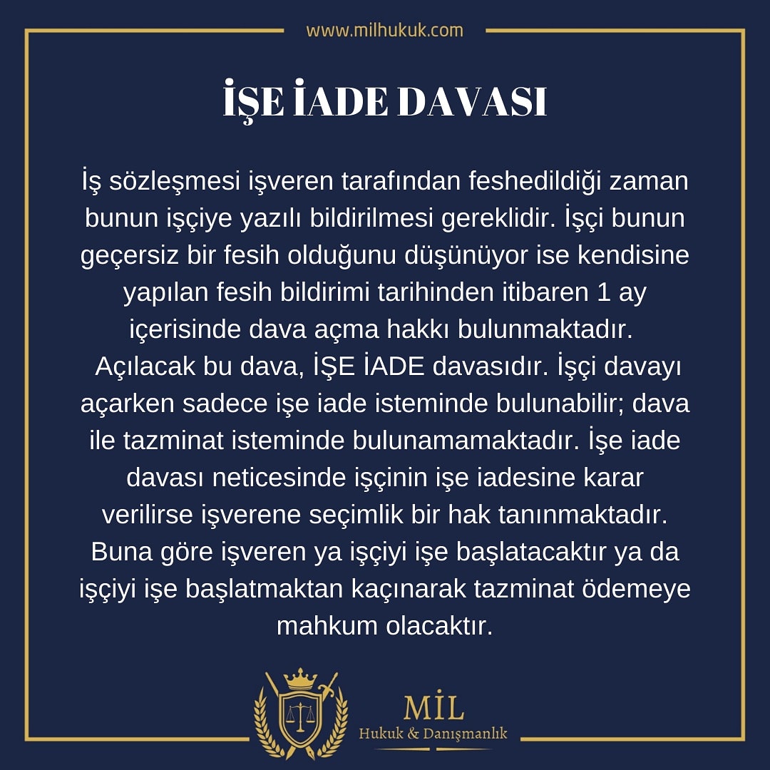 İş sözleşmesi işveren tarafından feshedildiğinin işçiye yazılı tebliğinden itibaren 1 ay içerisinde işe iade davası açılması gerekmektedir.   

milhukuk.com/blog-detay/is-…  

#işhukuku #işeiadedavası #kıdemtazminatı #ihbartazminatı #işavukatı #işhukukuavukatı #işmahkemesi #işçi