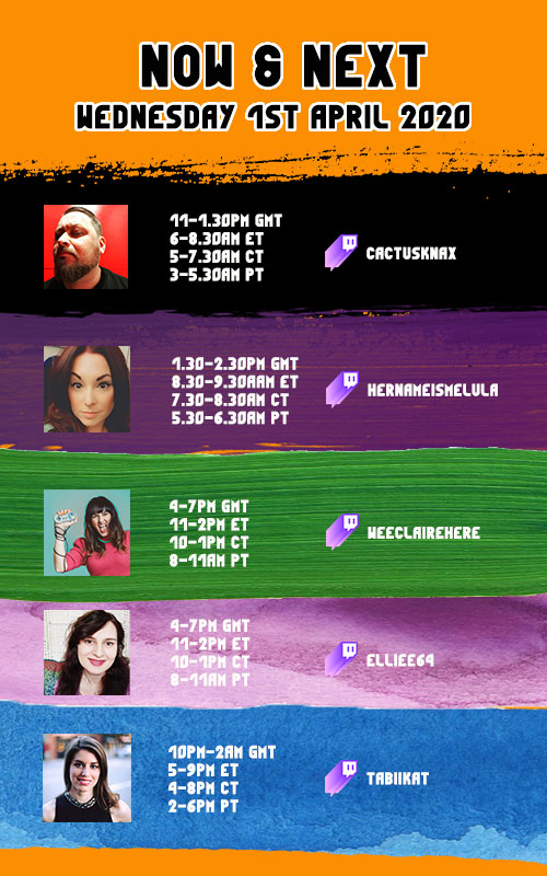 Fancy lunch with Mel, chilled N64 vibes or a bit of Bioshock? These streamers have you covered:

<a href="/Cactusknax/">Cactus - Twitchy Man & VO</a> 11-1.30pm GMT
<a href="/HerNameIsMelula/">HerNameIsMelula</a> 1.30-2.30pm GMT
@weeclairehere 4-7pm GMT
<a href="/heavenindreams/">ᅟ⭐🍊♡꙼̈᭨ྀᅟ</a> 7-9pm GMT
<a href="/kat_tabii/">TabiiKat On 🦋</a> 10pm-2am / 4-8pm CT

Twitch handles in the pic below 👇