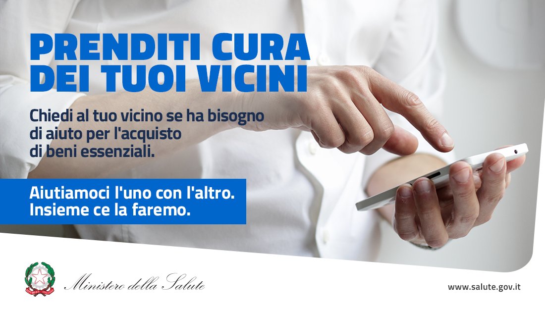MinisteroSalute's tweet photo. ❤️Anche a distanza, tutti possiamo dare una mano. Specialmente per aiutare persone non autosufficienti che non possono uscire di casa. 

📞Chiedi al tuo vicino se ha bisogno di aiuto per l'acquisto di beni essenziali. Aiutiamoci l'uno con l'altro. Insieme ce la faremo.
#COVID19 https://t.co/SBQiFP5WZN