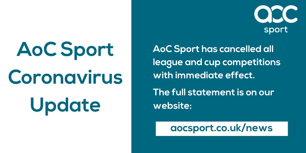AoC_Sport's tweet photo. 🔥 BREAKING NEWS 🔥
Unfortunately we have had to make the tough decision to cancel ALL of our league and cup competitions for 2019/20 due to COVID-19.

Full statement here:
 https://t.co/ktrmd910GX https://t.co/IFiFhulFGM