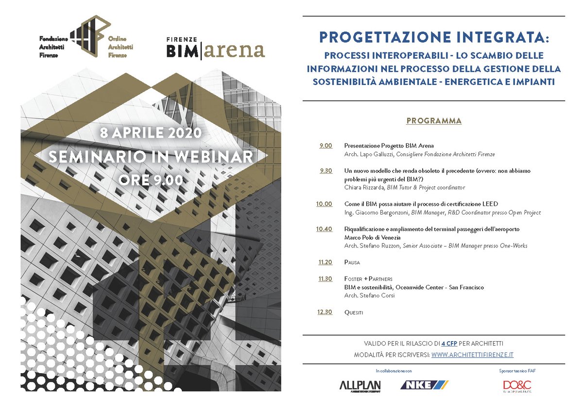 baestbergonzoni's tweet photo. Aperte le iscrizioni al #Firenze #BIMArena @ArchitettiFI l'8 aprile in #webinar: Processi #interoperabili per la gestione della #sostenibilità ambientale, #energetica e #impianti.
https://t.co/qqvEuqBL04
Parlerò di #BIM4LEED in @openproject_it @OpenTwinIT 
#BIM #LEED #BUGItaly https://t.co/BKOy6ch8wQ
