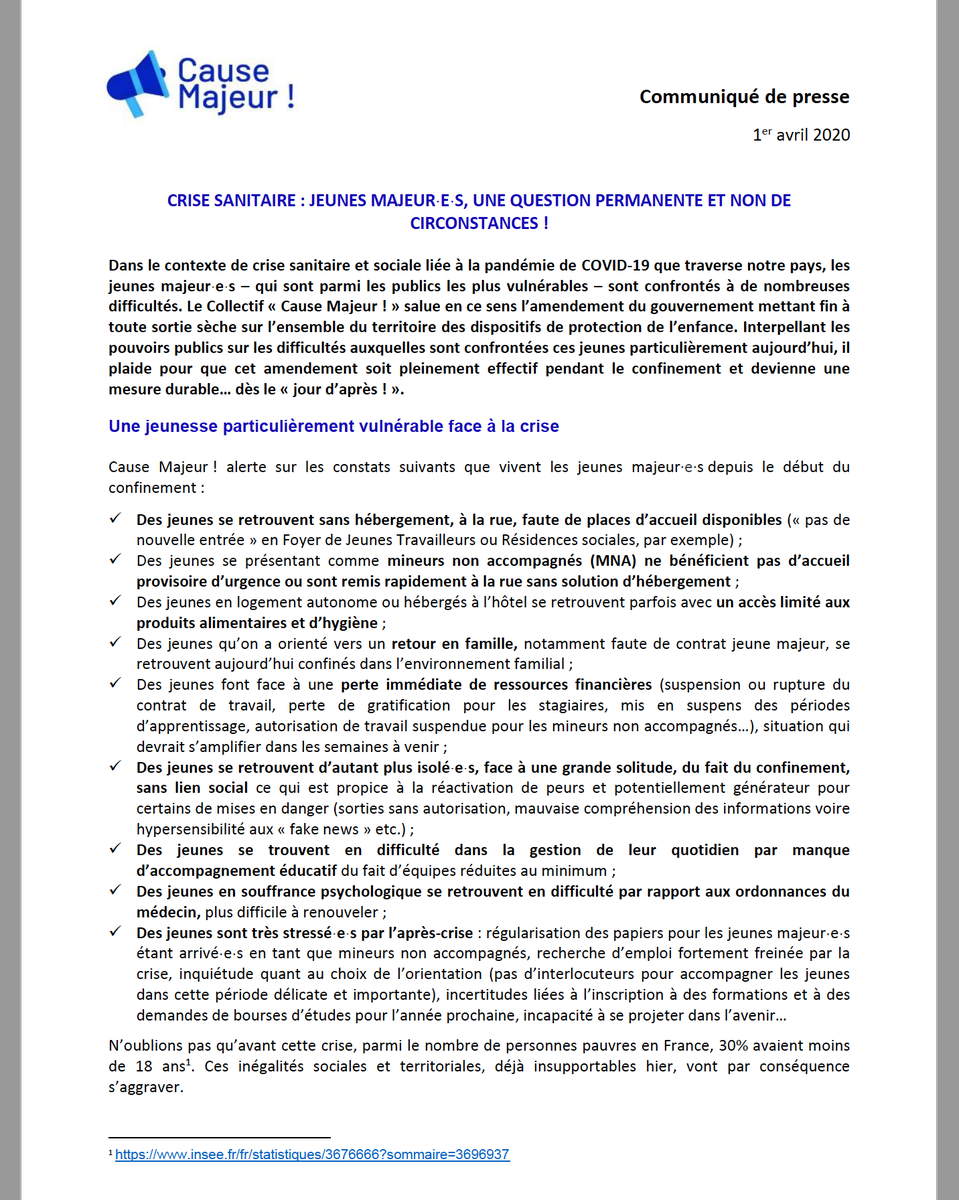 CauseMajeur's tweet photo. [📰Communiqué de presse]

⚠️Dans le contexte actuel de #crisesanitaire et sociale liée au #COVIDー19, notre collectif @CauseMajeur alerte sur la situation des jeunes majeurˑeˑs – qui sont parmi les publics les vulnérables – confrontés à de nombreuses difficultés. https://t.co/QImBSYYiiN