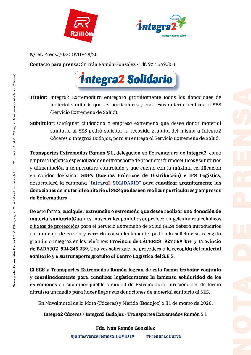 Nuestro patrocinador Integra2 pondrá su granito de arena en estos momentos tan difíciles. La empresa se encargará, de forma gratuita, de transportar todas las donaciones de material sanitario, tanto de particulares como de empresas. Muy orgullosos de uno de los pilares del club.