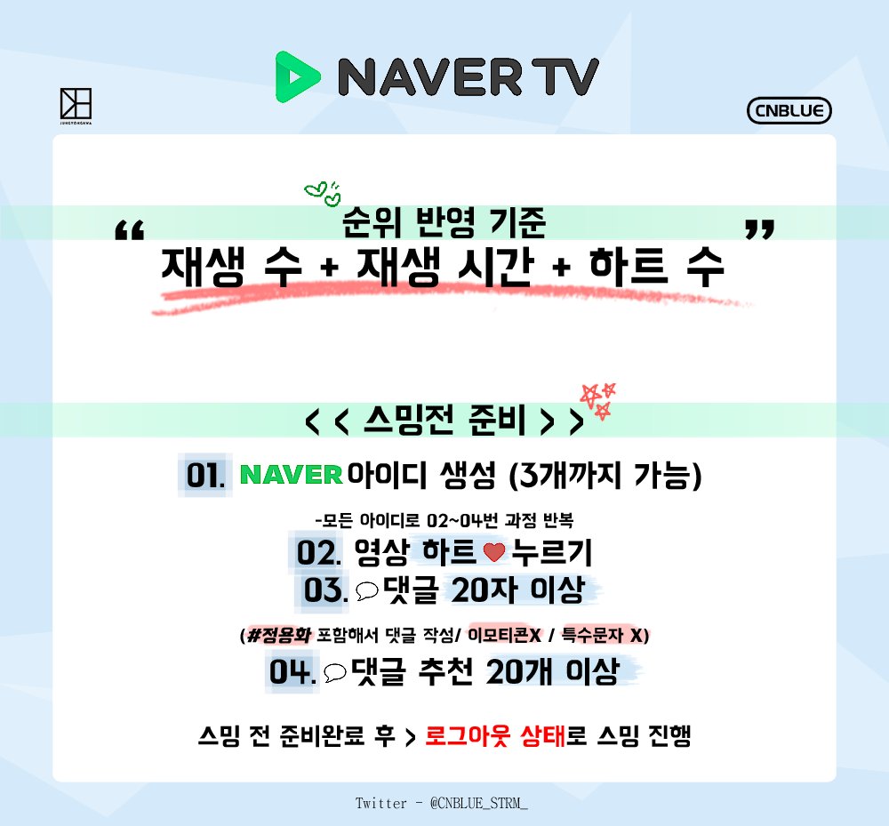 CNBLUE_STRM_'s tweet photo. 🔈금일 '트롯신이 떴다' 방송이 끝난 후 네이버TV 총공을 진행합니다 !

👉🏻금일(1일) 23시부터 진행
(스밍 영상은 금일 방송되는 '미워도 다시한번' 라이브 영상으로 진행할 예정입니다!)

'그리워서' 영상이 좋은 결과가 있었던 만큼 이번 총공 역시 많은 참여부탁드립니다:) 총공방법은 이미지 참고. https://t.co/bYBlEtpAoK
