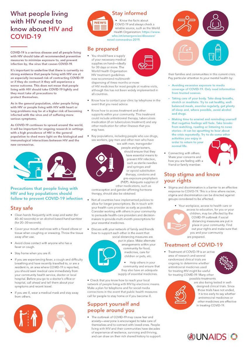 UNAIDS's tweet photo. Everyone should take #coronavirus very seriously. Here is what people living with HIV should know about #COVID19 and HIV, and how to be prepared and stay safe 👉🏿 https://t.co/lxolri8ENR https://t.co/uAzCU9Oul0