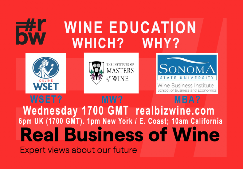 WSET Diploma? 
MW?
MBA?

What kind of wine education is the most worthwhile for *you*?

Today 6pm UK/7pm Europe/1pm E. Coast US/ 10am W. Coast)

Register NOW at realbizwine.com