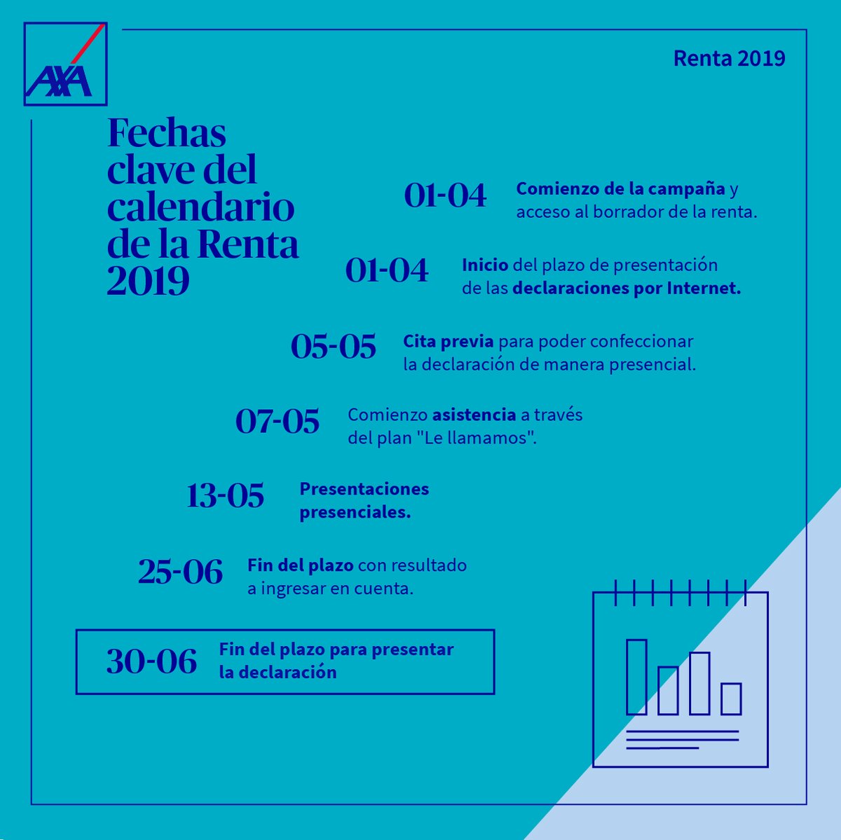 AXASegurosEs's tweet photo. 📣 ¡Arranca oficialmente la campaña de la #Renta2019! Tómate un momento para organizar las fechas importantes 📅 👇 https://t.co/IdNjY9eqlC