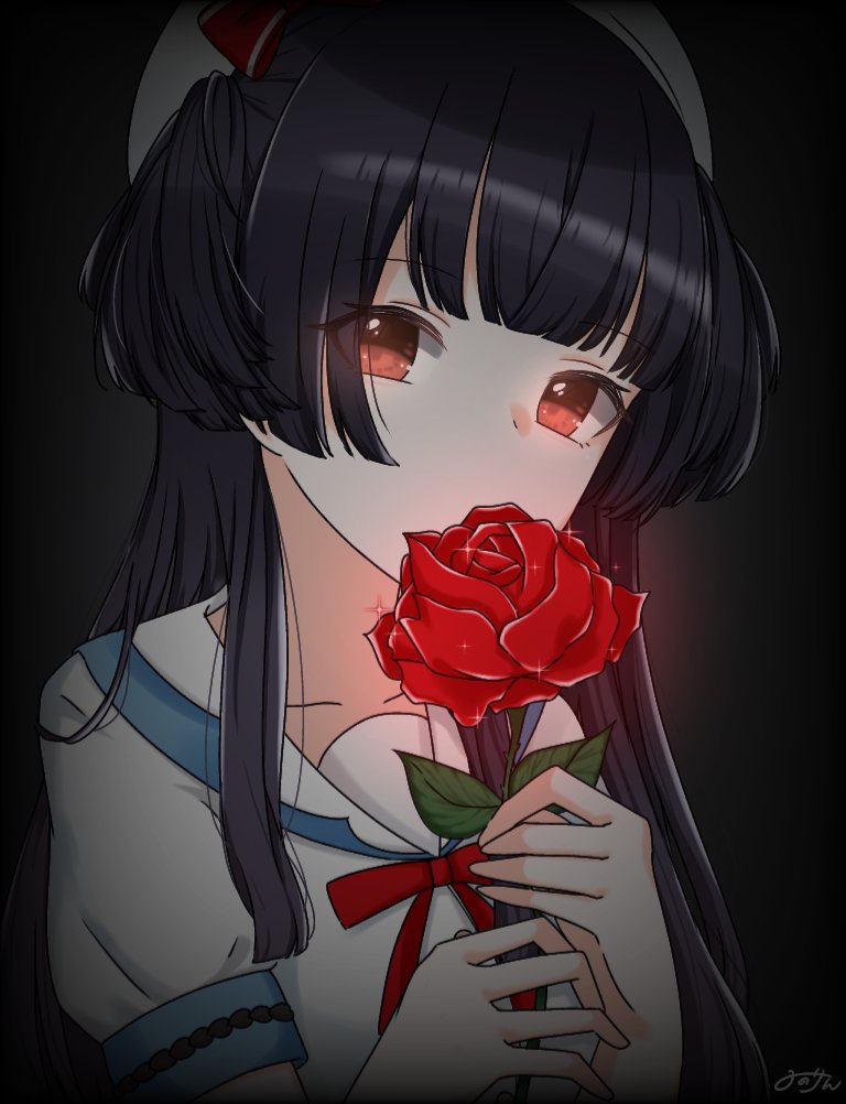 mayuzumi fuyuko 1girl flower rose solo holding flower black hair hat  illustration images