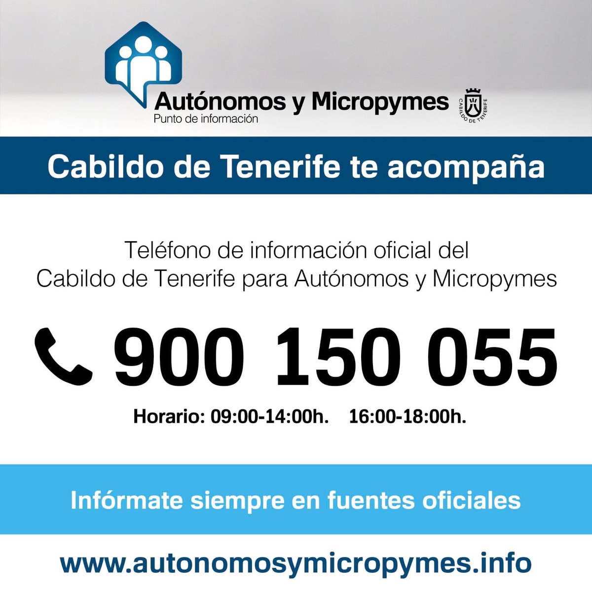 fifedetenerife's tweet photo. El @CabildoTenerife habilita el teléfono ☎️ 900 150 055 para ayudar y acompañar a los autónomos, pymes y micropymes durante este periodo de crisis. 
Este teléfono estará operativo de 9:00 🕘 a 14:00 🕑 y de 16:00 🕓 a 18:00 🕕 h. De lunes a viernes 🗓

https://t.co/Xd7GxDKVXm https://t.co/1oo7A4UV9d