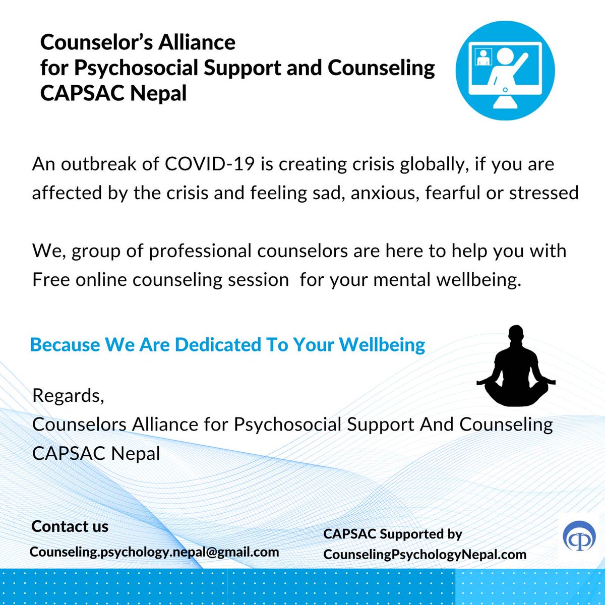 CounselingNepal's tweet photo. An outbreak of COVID-19 is creating crises globally. If you are affected by the Crisis and Feeling Sad, anxious, fearful or stressed.
We are here to help you with free online counseling Sessions.
Please click this: https://t.co/vwGfXylNKK
#CAPSAC #COVID19Nepal #Counseling https://t.co/uc3jx4sOSY