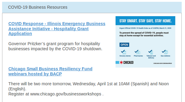 Chicago Small Business Resiliency Fund webinars hosted by BACP - Wednesday, April 1st at 10AM (Spanish) and Noon (English).  Register at chicago.gov/businessworksh… . conta.cc/2w2JIjW