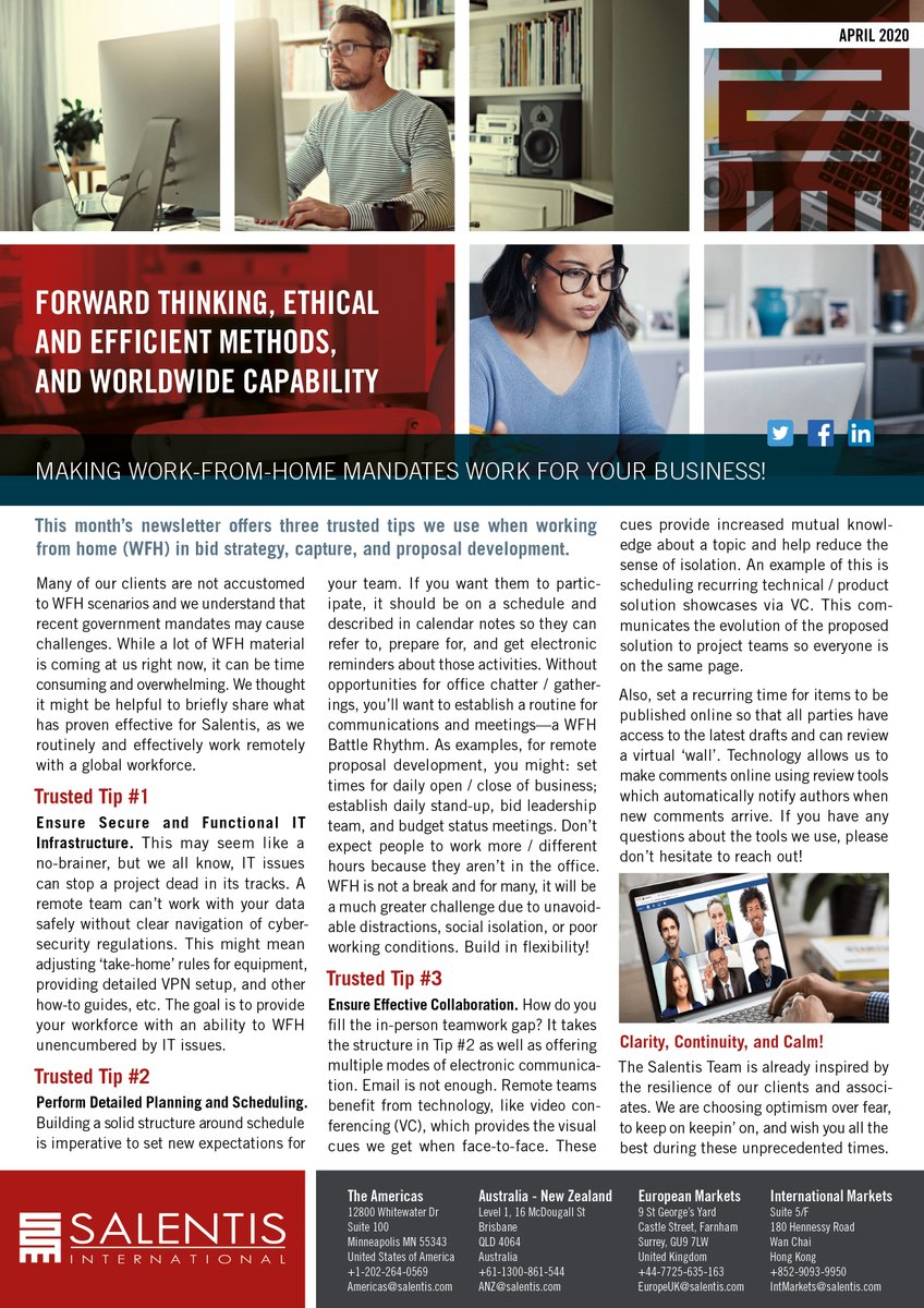 Salentis's tweet photo. Hello,

This month’s newsletter offers three trusted tips we use when working from home (WFH) in bid strategy, capture, and proposal development.. Check it out!

Best regards,

The Salentis Team https://t.co/K0YcXpRLNX