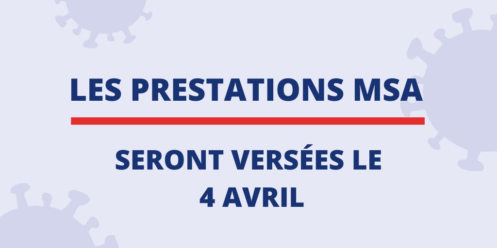 #COVID19france 
Pour aider ses adhérents, la MSA se mobilise et garantit un versement anticipé des prestations familiales et minima sociaux le 4⃣ avril pour les familles bénéficiaires
✅395 000 en famille/logement
✅115 000 prestations de solidarité
✅35 000 prestations handicap