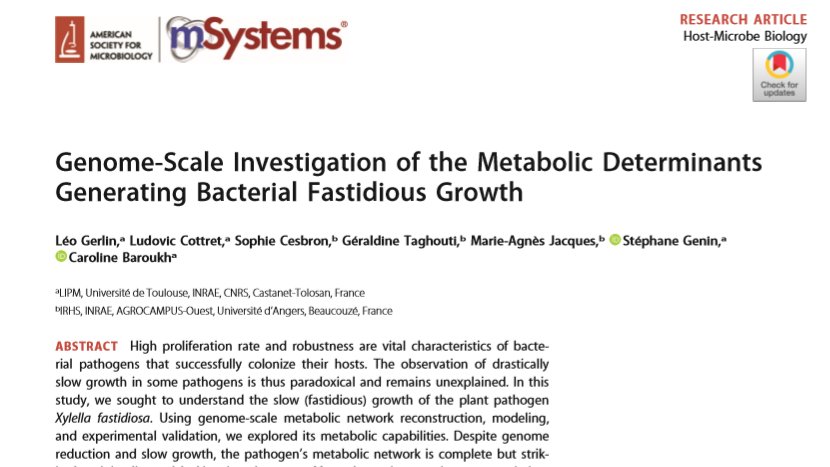 My 1st paper as 1st author is now published in @mSystemsJ @ASMicrobiology! 👍
➡️ msystems.asm.org/content/5/2/e0…
We used metabolic reconstruction/modeling on #Xylellafastidiosa to better understand its slow (fastidious) growth.
#LIPM @INRAE_Tlse @LudoCottret @EmersysI #Xylella
