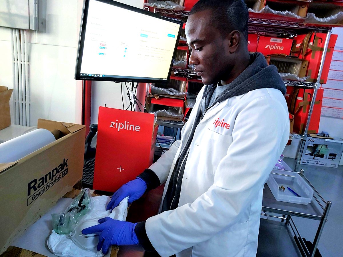 ZiplineGhana's tweet photo. Zipline holds emergency stocks of scarce items—like protective masks and gloves—to help health authorities avoid dangerous shortages and rapidly target distribution to frontline responders in real-time #COVID19 #flytosavealife https://t.co/pYrrY9ZKdL