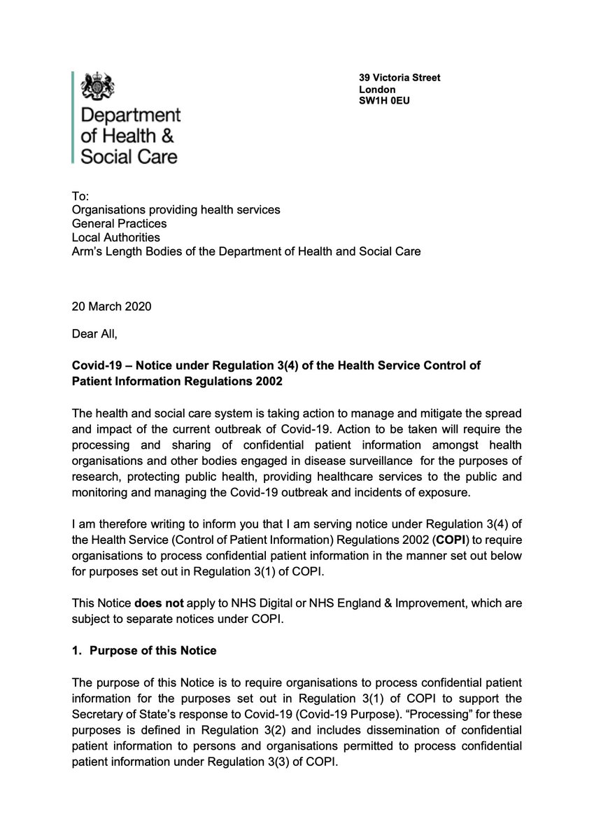 BREAKINGnotice from Matt Hancock, signed March 20th, provides legal backing for the NHS to set aside the duty of confidentiality in response to covid-19. Means NHS orgs and GPs may share whatever patient data they want, with whoever they want, as long as it is to fight covid
