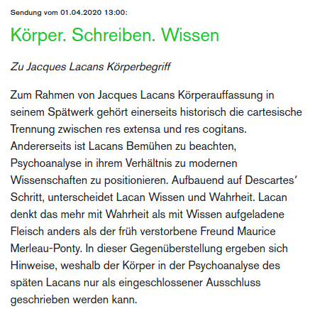 phil_audioso's tweet photo. Heute um 13:00 #PhilosophischeBrocken auf @radio_ORANGE
Körper. Schreiben. Wissen
Zu Jacques Lacans Körperbegriff
https://t.co/iqvMS7fbXW
#Lacans #Psychoanalyse #Descartes Maurice Merleau-Ponty #Merleau-#Ponty https://t.co/nxTIA6y785